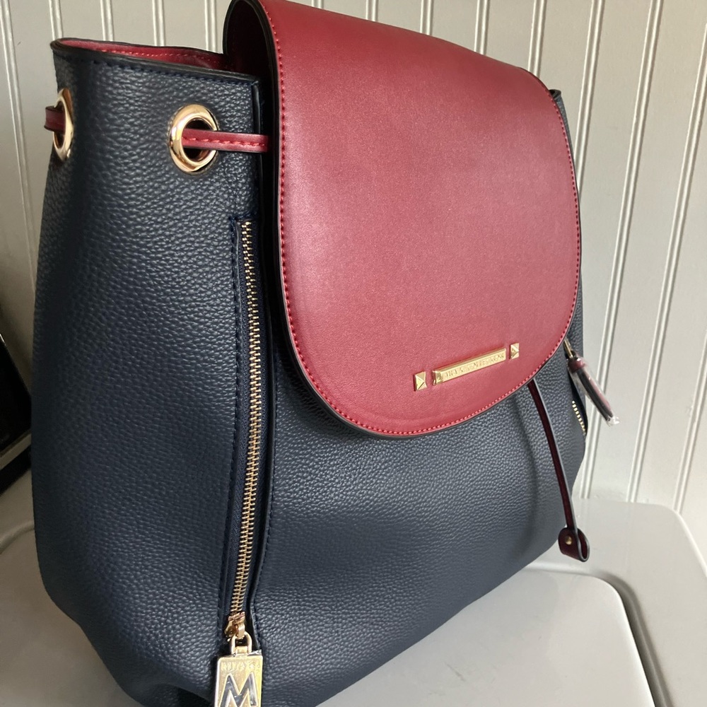 Blue and Red Backpack with Gold-Toned Accents